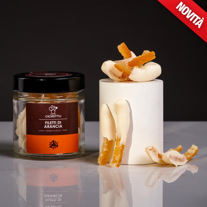 Scorzette di Arancia Siciliana Candita al cioccolato bianco